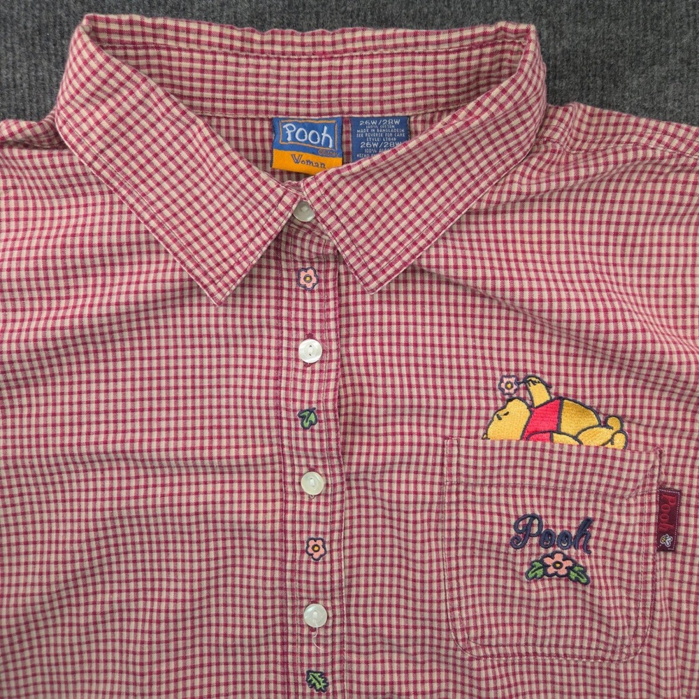 Pooh Disney Button Down Shirt Women 26W Red Gingham Embroidered Vintage Cotton